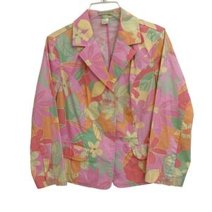 Sigrid Olsen Vtg Floral Blazer Jacket Pink Orange Green Cotton Stretch 8 Y2K EUC